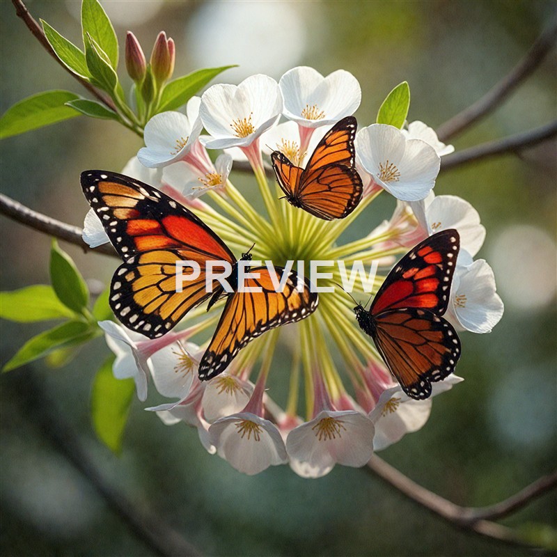 Three monarch butterflies are perched on a cluster of white and pink flowers with green leaves in the background.